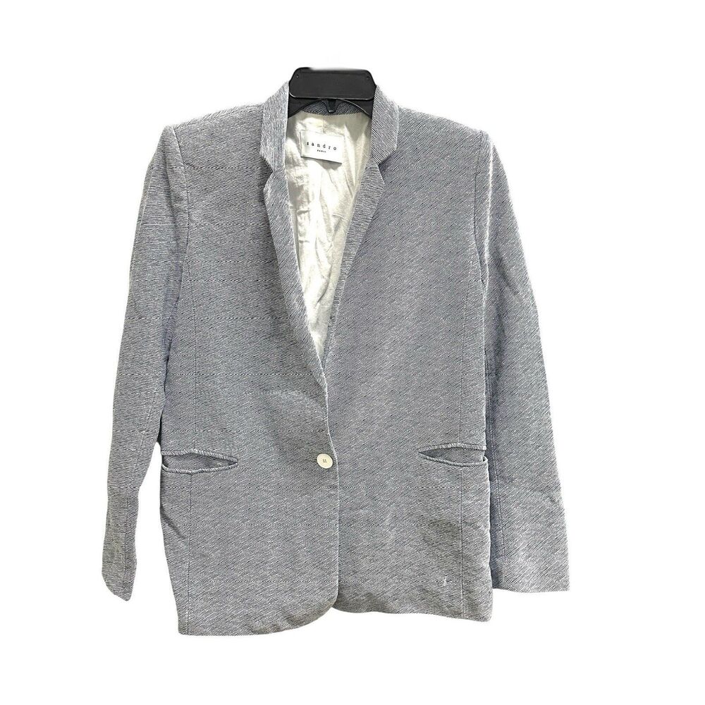 Sandro Womens Vinh Single Buttoned Cotton Blend Blue White Striped Blazer 38 Med